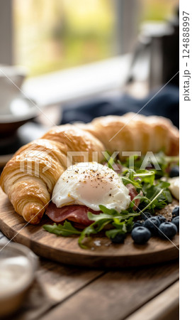 A warm, golden croissant stuffed with poached egg, savory ham, and fresh arugula, set against a rustic wooden background Soft window light enhances the textures and creates a cozy, inviting atmosphere 124888997