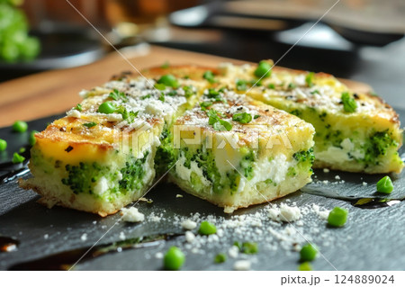 A golden frittata cut into triangles, packed with broccoli chunks, creamy goat cheese, and a thin layer of Parmesan. The rich textures and fresh ingredients make for a rustic, cozy meal 124889024