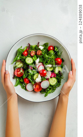 Close-up of a girl's hands holding a colorful bowl of fresh salad with mozzarella, tomatoes, greens, cucumbers, and radishes 124889038