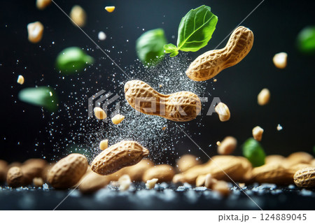Organic peanuts floating in midair, accented by salt particles and fresh basil leaves, captured in soft bokeh lighting against a dark background, creating a luxurious, gourmet atmosphere 124889045