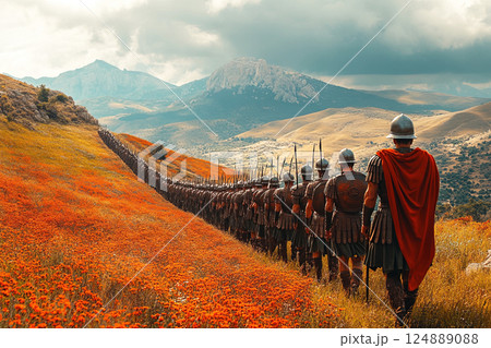 Roman legionnaires march through hills to confront barbarian forces during a campaign transition Roman legionnaires march through hills to confront barbarian forces during a campaign transition 124889088