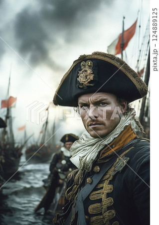 Dramatic portrayal of a naval officer during the Second Anglo Dutch War with ships in the background 124889125