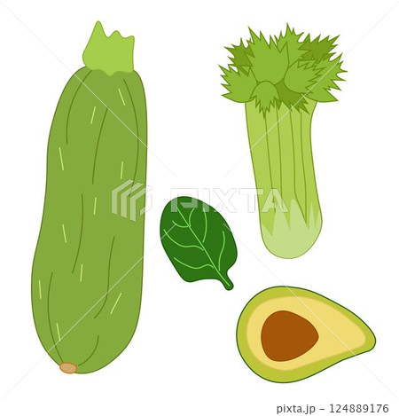 Avocado, spinach, zucchini, celery flat isolated. Vector icon logo set. art for food design, recipe, cook book, packages, menu, food ads and decor Eat green 124889176