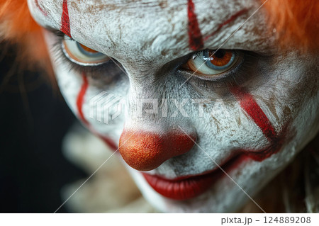 Funny cute clown with bright orange hair and playful makeup presents a whimsical expression 124889208
