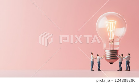 Conceptual image of a glowing light bulb surrounded by miniature business people discussing and 124889280