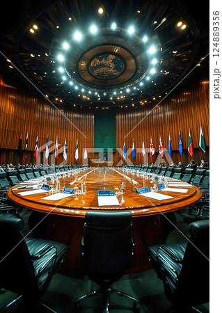 International meeting taking place in a large hall with a round table for country representatives 124889356