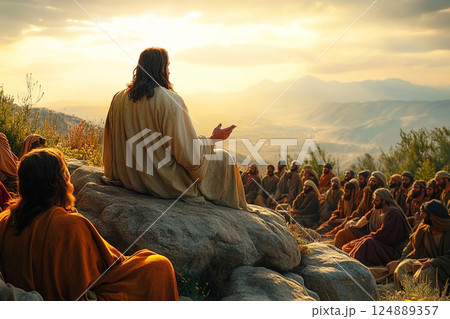 Jesus Christ delivers the Sermon on the Mount to a crowd of attentive followers in Jerusalem 124889357
