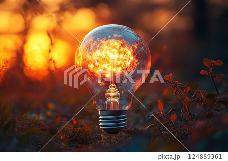 Light bulb shaped like planet Earth illuminates nature with a warm glow 124889361