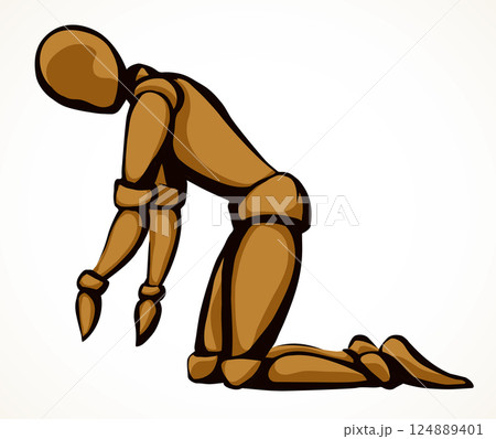 The puppet is kneeling. Vector drawing The puppet is kneeling. Vector drawing 124889401