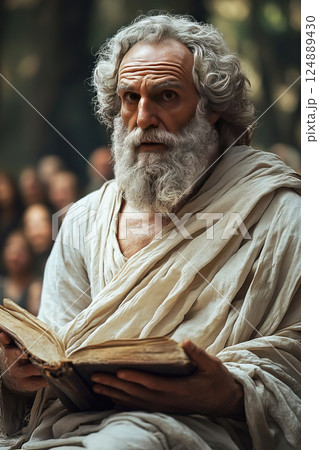 Homer shares his epic tales of the Iliad with an attentive audience in a modern setting 124889430