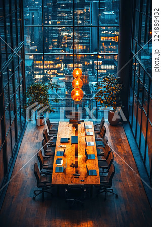 Modern office setup with large table and laptops arranged for business meeting at night 124889432