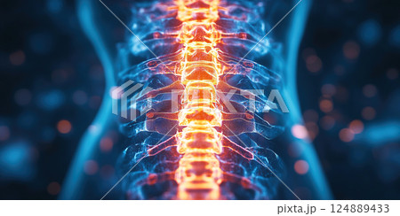 Illuminated spinal joints showcasing pain and tension in the human body. Header banner mockup with copy space. 124889433
