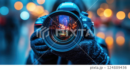Capturing distorted reality with a large lens camera during a vibrant day. Header banner mockup with copy space. 124889436