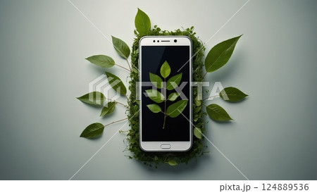 Modern Smartphone Surrounded by Greenery with a Leaf Displayed on Screen 124889536