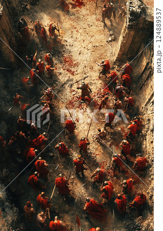 Epic battle of Achilles against the Trojans viewed from above during a fierce encounter 124889537