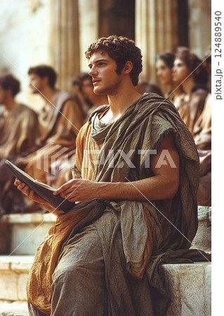 Aristotle lectures young students in a grand setting with Roman style architecture 124889540