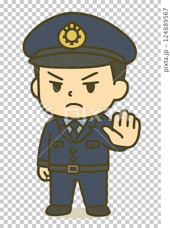 A chibi character of a police officer at a police box (with a stern expression and a restraining pose) 124889567