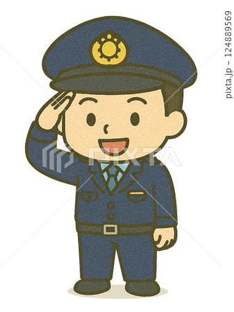 交番の駐在所に居る警察官のちびキャラ（笑顔で敬礼ポーズ） 124889569
