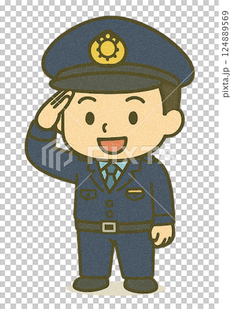 交番の駐在所に居る警察官のちびキャラ（笑顔で敬礼ポーズ） 124889569
