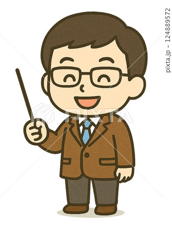 さし棒を持って笑っているメガネをかけた男性教員 124889572