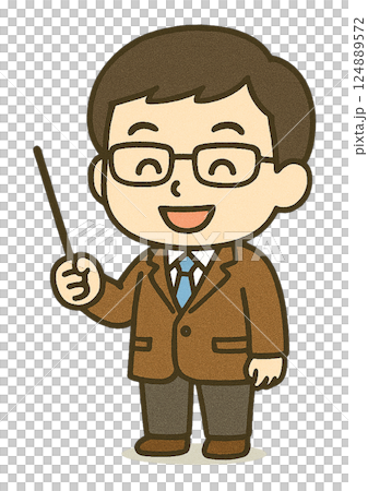 さし棒を持って笑っているメガネをかけた男性教員 124889572