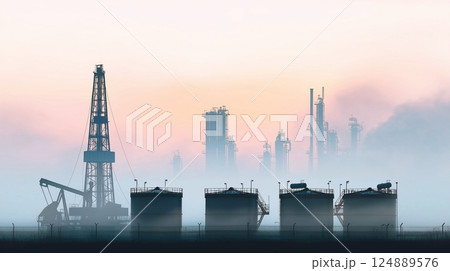 Oil and gas industry. Industrial landscape with oil pumps and oil rigs. Oil rigs against industrial cityscape at sunrise. 3D rendering. Oil and gas industry. Industrial landscape with oil pumps and oil rigs. Oil rigs against industrial cityscape at sunrise. 3D rendering. 124889576