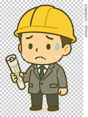 建築工地上的男建築師（Q版人物：愁眉苦臉、冷汗淋漓） 124889624