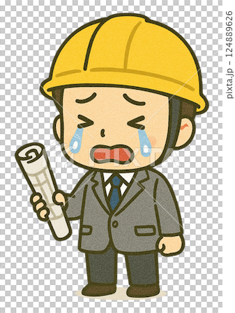 建築工地上的男建築師（Q版人物：哭泣的臉） 124889626