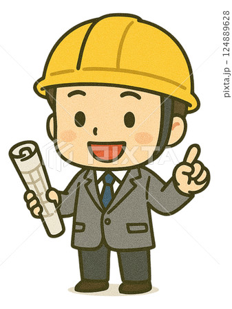 建設現場の設計図を持った男性建築家（笑顔で指差し） 124889628