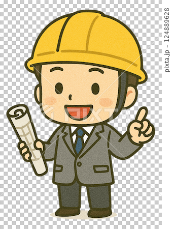 建設現場の設計図を持った男性建築家（笑顔で指差し） 124889628