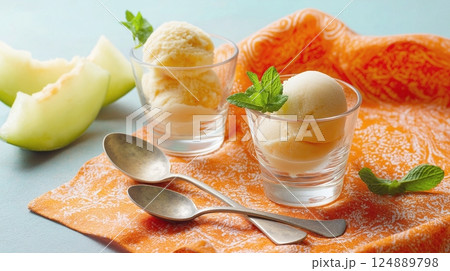Melon ice cream in glasses. Fresh melon and mint on the table, delicious healthy dessert. 124889798