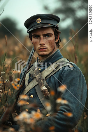 Civil War soldier poised for battle in Gettysburg with a battle rifle in hand 124889890