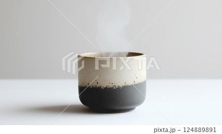White and black ceramic cup with steam coming out of it. The steam is rising from the cup, creating a sense of warmth and comfort. The cup is placed on a white table, which adds to the overall calm 124889891