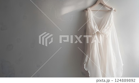 White dress hanging on a hanger. The dress is white and has a bow. The hanger is wooden 124889892