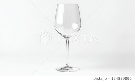 Wine glass is sitting on a white background. The glass is clear and has a slender stem 124889896