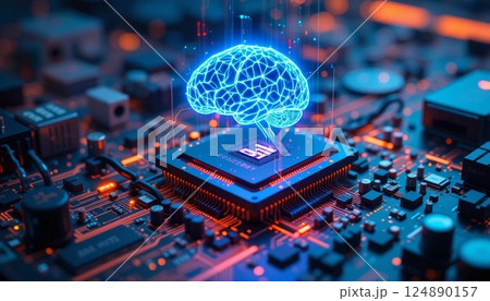 Futuristic AI Microchip with Glowing Holographic Brain on High Tech Circuit Board | Cyberpunk Digital Technology Background. 124890157