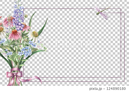 Rectangular frame with a bouquet of garden flowers with a bow, dragonfly and butterfly. Isolated watercolor illustration for the design of cosmetic products, calendars, booklets, posters. 124890180
