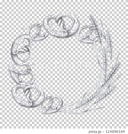 Oval wreath with rye ears and pretzels. Isolated pencil illustration on the theme of baking in a realistic style for the design of bakery products, interior and restaurant menus. 124890184