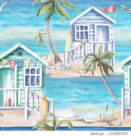 Seamless pattern with beach houses on the sea background. Isolated watercolor illustration on the theme of rest for the design of clothes, fabric, decoration of sport shops, sea restaurants. 124890185