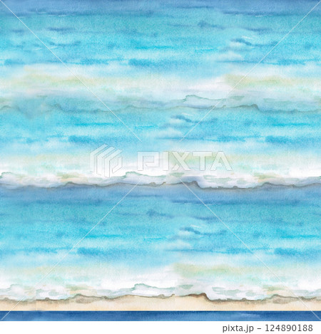 Seamless pattern with sea waves. Isolated watercolor illustration on the theme of rest for design of clothes, fabric, decoration of sport shops, sea restaurants. Seamless pattern with sea waves. Isolated watercolor illustration on the theme of rest for design of clothes, fabric, decoration of sport shops, sea restaurants. 124890188