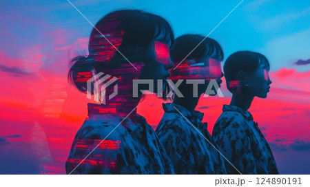 Three people are standing in front of a blue sky. The sky is filled with clouds and the sun is setting 124890191