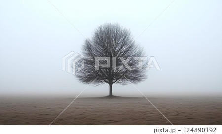 Tree is standing in a field with fog. The tree is bare and has no leaves. The sky is cloudy and the ground is covered in grass 124890192