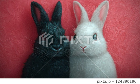 Two rabbits are standing next to each other. One is black and the other is white. They are both looking at the camera 124890196