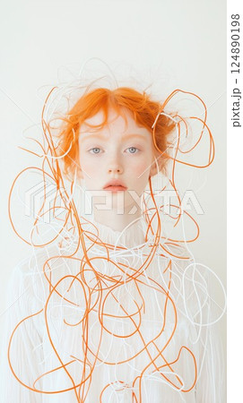 Woman with orange hair and a white shirt. She is wearing a headpiece made of orange and white strings 124890198