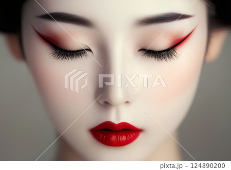 Woman with red lipstick and red eye liner. Her eyes are closed 124890200