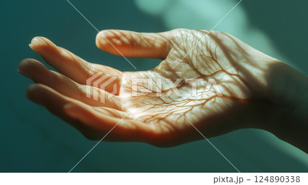 Hand holding a leaf. The leaf is brown and has a shadow on it. The hand is holding the leaf in a way that it looks like it is being held by a tree 124890338