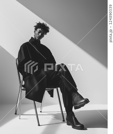 Man is sitting in a chair wearing a black coat and pants. He is wearing boots Man is sitting in a chair wearing a black coat and pants. He is wearing boots 124890339