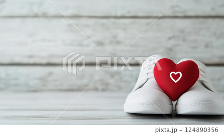White sneakers with red heart symbolizing love and care, placed on wooden background, creating warm and heartfelt atmosphere 124890356