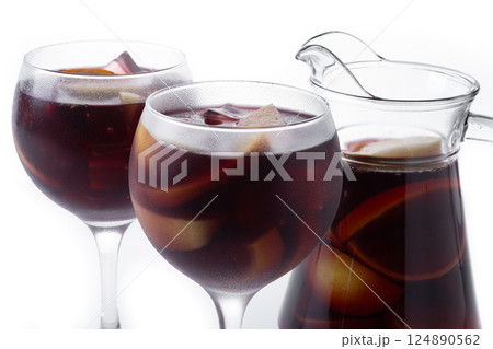 Refreshing Summer Citrus Fruit Sangria in crystal jar isolated on white background 124890562