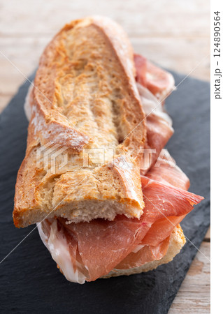 Spanish serrano ham sandwich. Spanish bocadillo de jamon serrano Spanish serrano ham sandwich. Spanish bocadillo de jamon serrano 124890564
